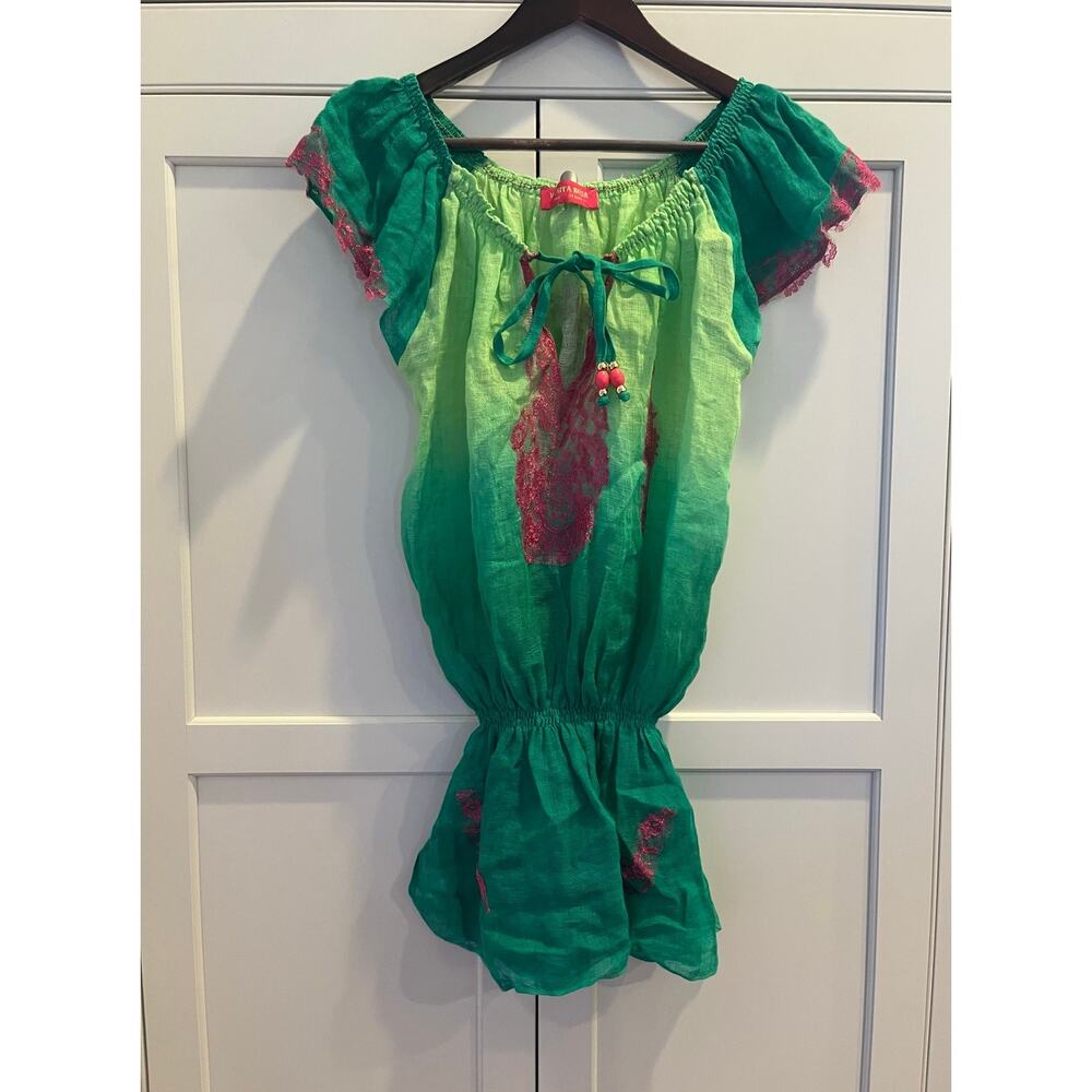 Vanita Rosa women top sz.M green flutter sleeves lace 100% linen France